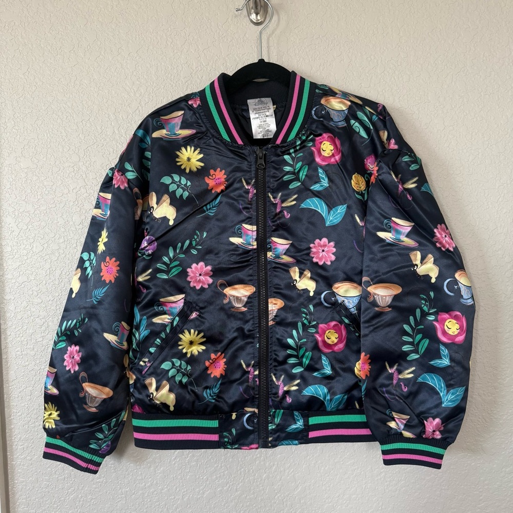 Disney ILY Alice in Wonderland 7/8 zip up satin jacket. Dark blue. Flowers.